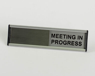 Product Image for Meeting In Progress Sign - Metal Holder with Slider - 150mm x 42mm