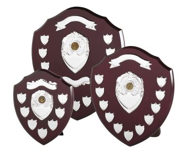 An image of Traditional Presentation Shield with Top Scroll & Centrepiece - 16" c/w 13 side ...