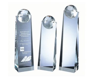 An image of Crystal Pillar Award with Globe - 11" (H)