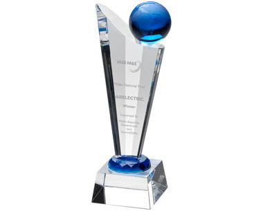 Product Image for Clear & Blue Glass Tower Award with Globe