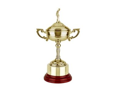 An image of Gold Finish Golf Cup with Round Wooden Base - 10"