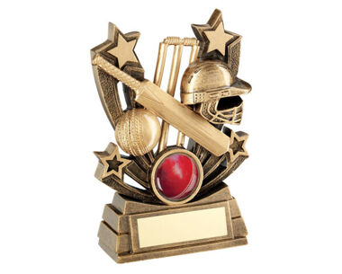 An image of Gold Effect Cricket Trophy with Shooting Stars