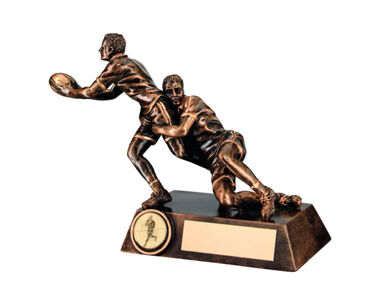 An image of Rugby 'Tackling' Trophy with Custom Badge in Bronze - 171mm