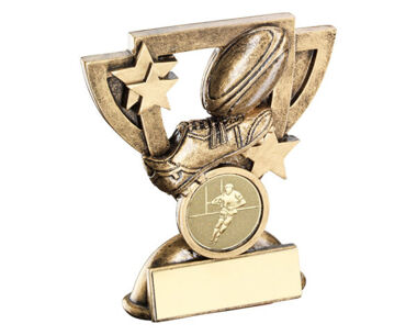 An image of Rugby Trophy with Custom Centre Badge - 95mm