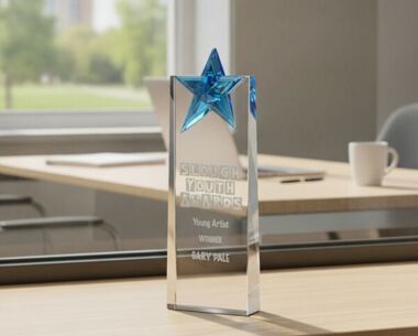 Clear Glass Tower Award with Blue Glass Star