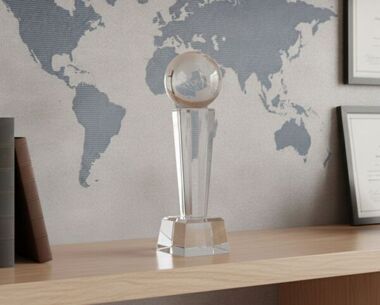 Crystal Etched-Globe Tower Paperweight Award