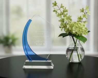Curved Clear & Blue Crystal Award