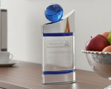 Clear & Blue Glass Award with Globe