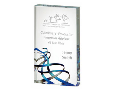 Clear Block with Silver and Blue Design