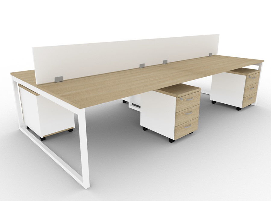 4 Person Bench Desk With Screen Divider And Pedestal Minim