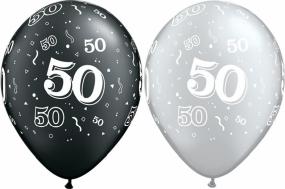 50th Birthday Black and Silver Latex Balloons x 25