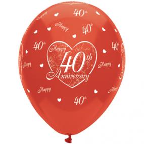 40th Ruby Wedding Anniversary Latex Balloons x 6
