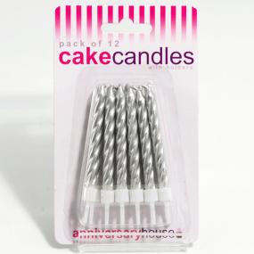 Silver Birthday Cake Candles and Holders x 12