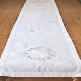 Embroidered White and Silver Christmas Table Runner - Leaf Wreath