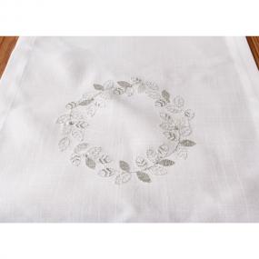 Embroidered White and Silver Christmas Table Runner - Leaf Wreath