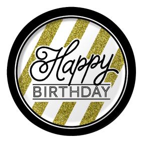 Gold, Black and White Happy Birthday Paper Plates