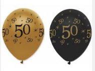 50th Birthday Black and Gold Pearlescent Latex Balloons x 6