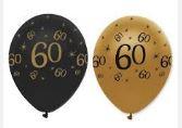 60th Birthday Black and Gold Pearlescent Latex Balloons x 6