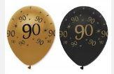 90th Birthday Black and Gold Pearlescent Latex Balloons x 6