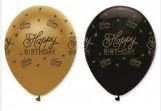 Pearlescent Gold and Black Happy Birthday Balloons x 6
