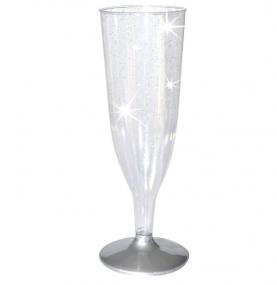 Silver Foot Glitter Effect Plastic Champagne Glasses x 8